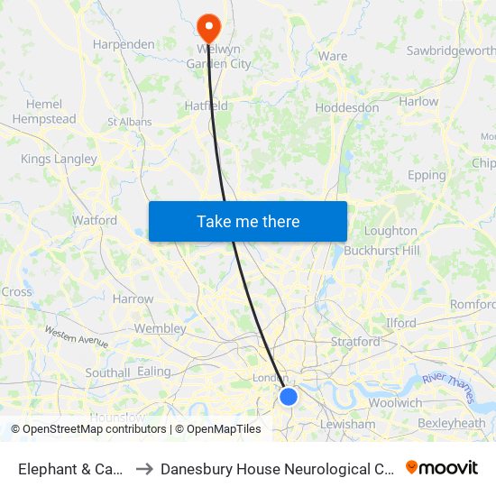 Elephant & Castle to Danesbury House Neurological Centre map
