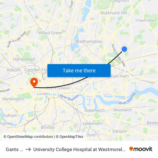 Gants Hill to University College Hospital at Westmoreland Street map