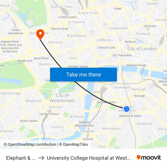 Elephant & Castle to University College Hospital at Westmoreland Street map