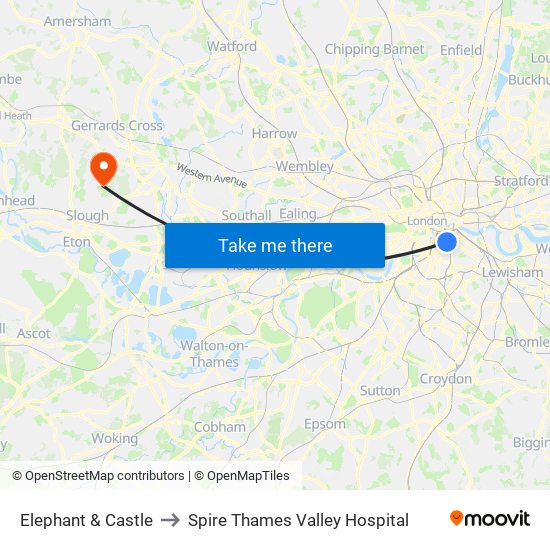 Elephant & Castle to Spire Thames Valley Hospital map