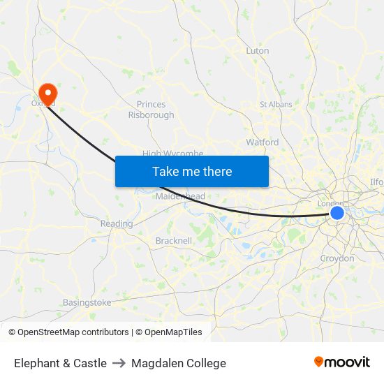 Elephant & Castle to Magdalen College map