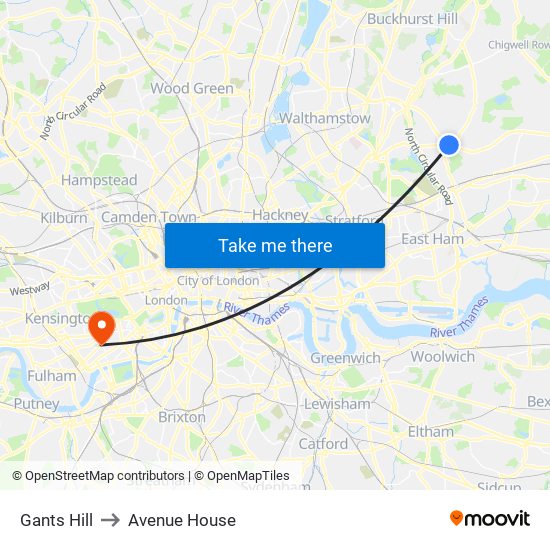 Gants Hill to Avenue House map