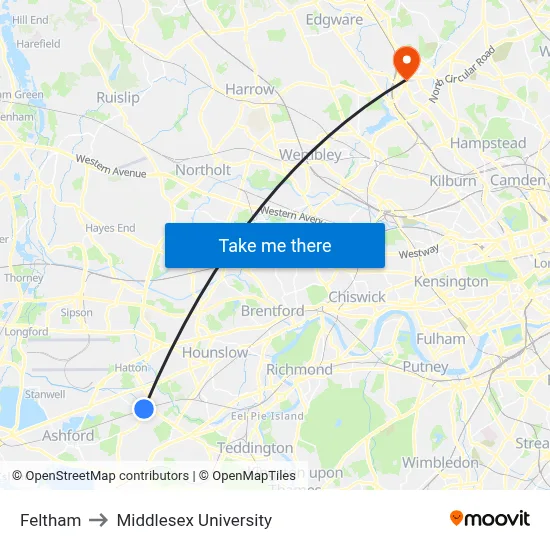 Feltham to Middlesex University map