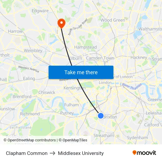 Clapham Common to Middlesex University map