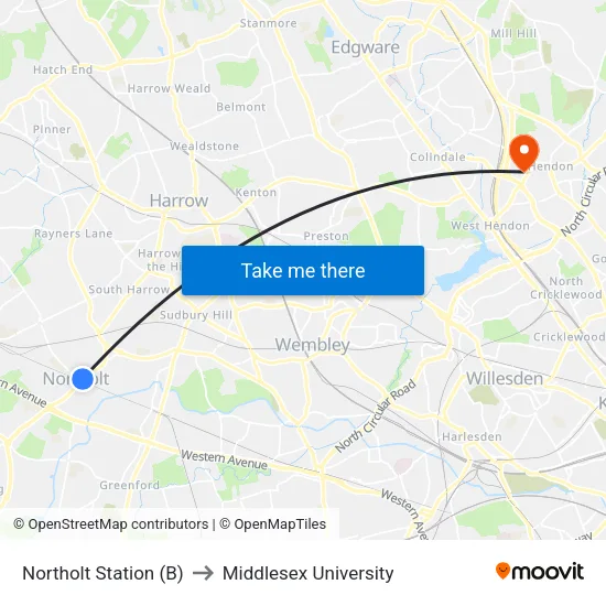 Northolt Station (B) to Middlesex University map