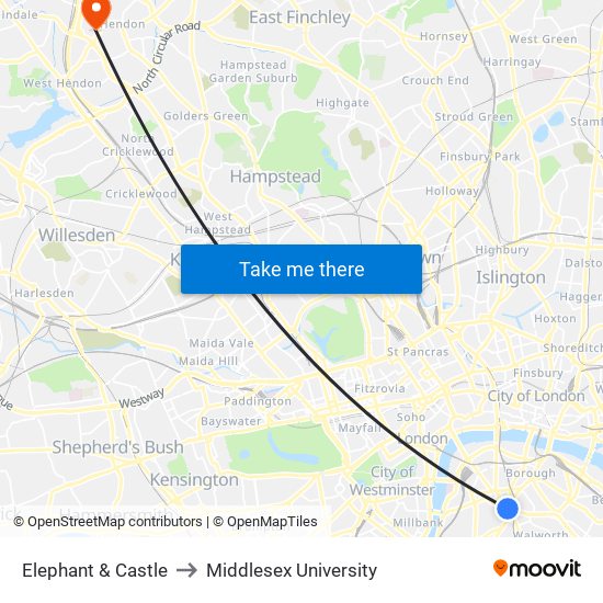 Elephant & Castle to Middlesex University map