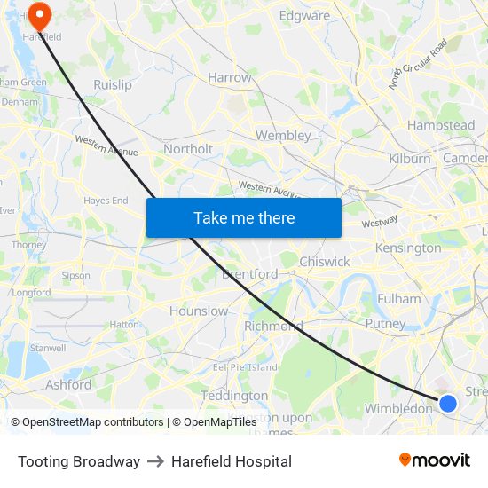 Tooting Broadway to Harefield Hospital map