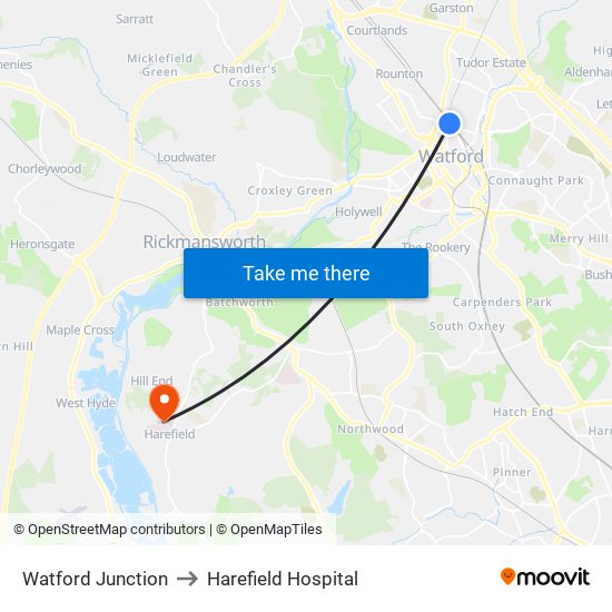 Watford Junction to Harefield Hospital map