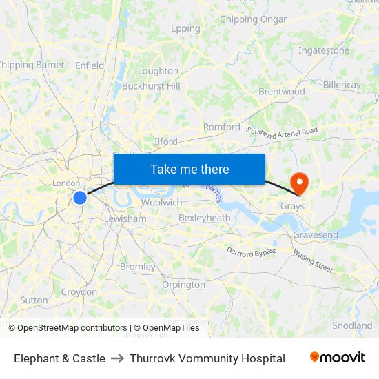 Elephant & Castle to Thurrovk Vommunity Hospital map