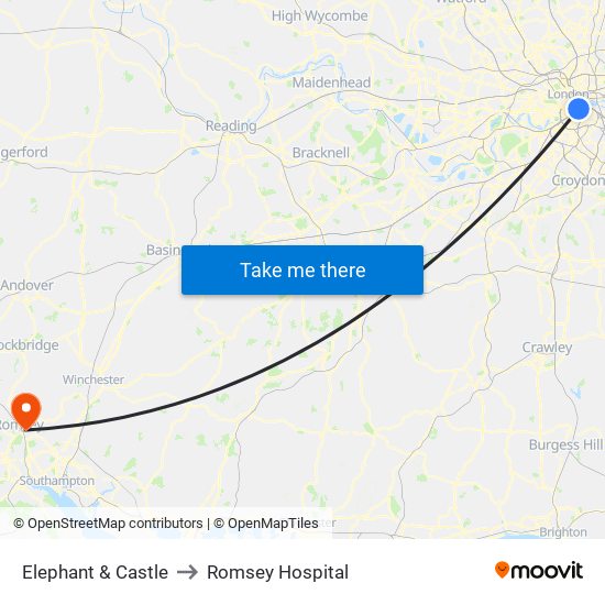 Elephant & Castle to Romsey Hospital map