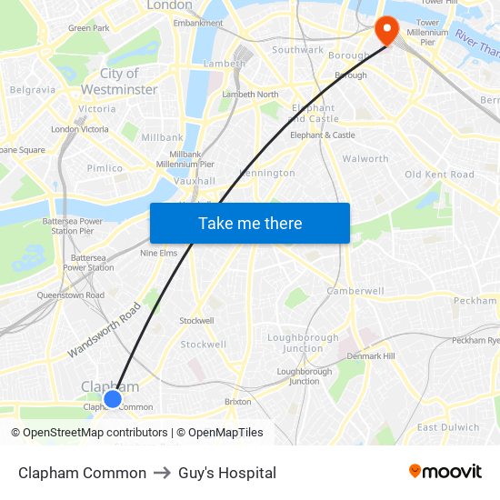 Clapham Common to Guy's Hospital map