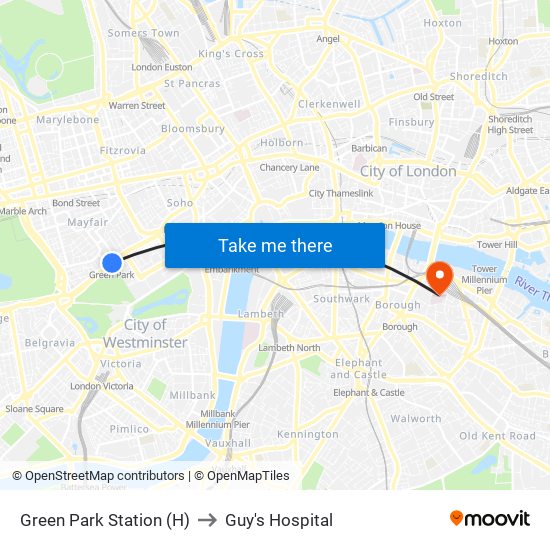Green Park Station (H) to Guy's Hospital map