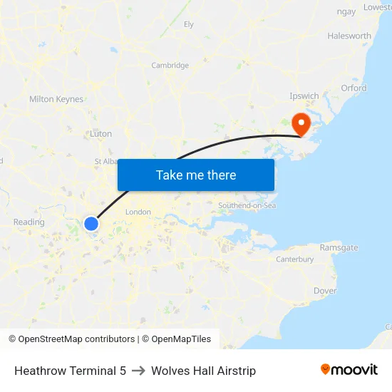 Heathrow Terminal 5 to Wolves Hall Airstrip map