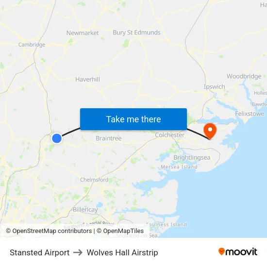 Stansted Airport to Wolves Hall Airstrip map