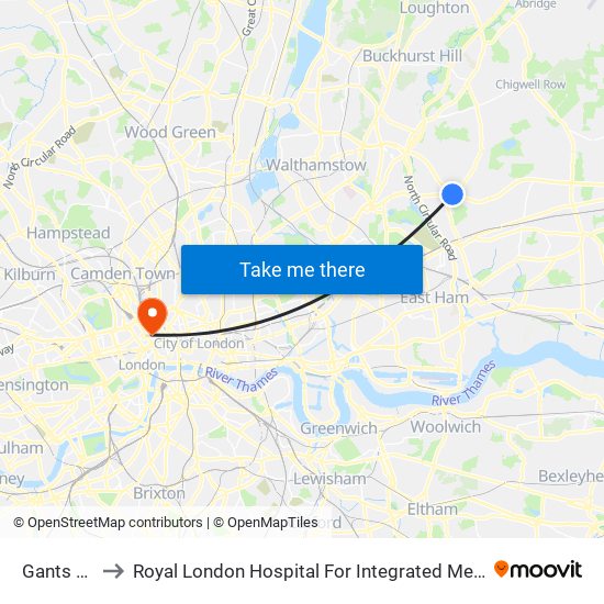 Gants Hill to Royal London Hospital For Integrated Medicine map