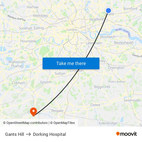Gants Hill to Dorking Hospital map