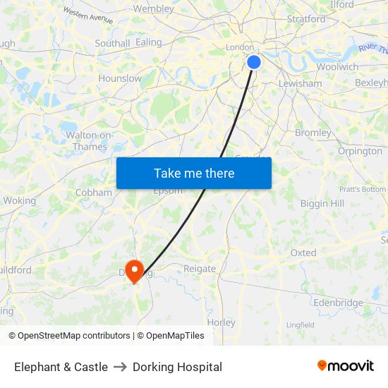Elephant & Castle to Dorking Hospital map