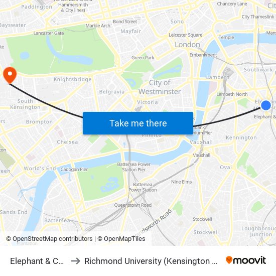 Elephant & Castle to Richmond University (Kensington Campus) map