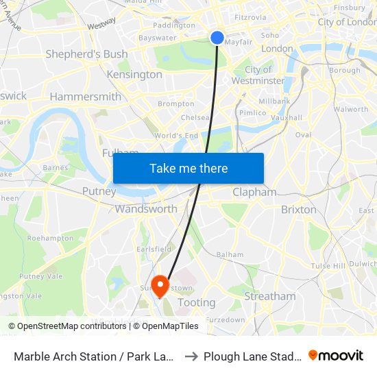 Marble Arch Station  / Park Lane (R) to Plough Lane Stadium map