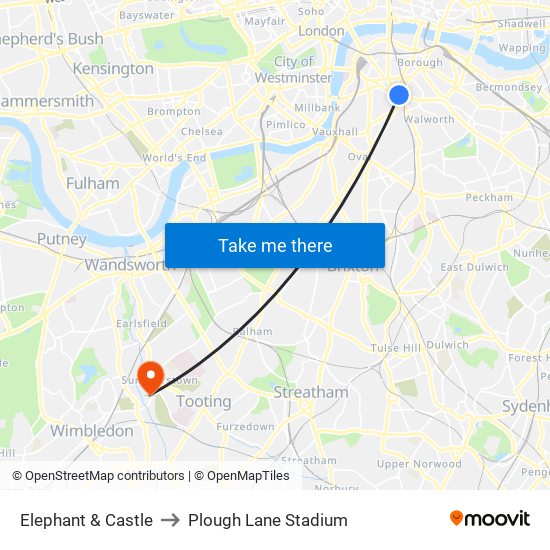 Elephant & Castle to Plough Lane Stadium map