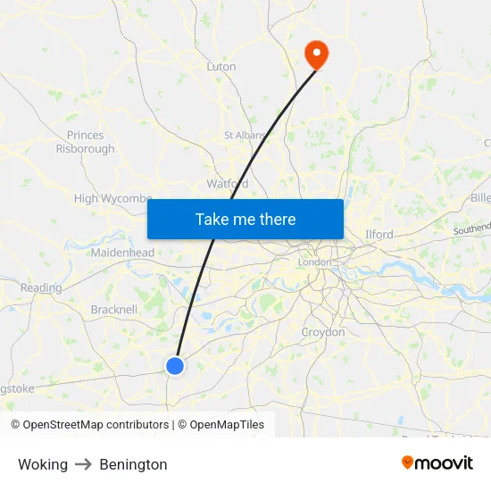 Woking to Benington map