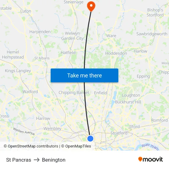 St Pancras to Benington map
