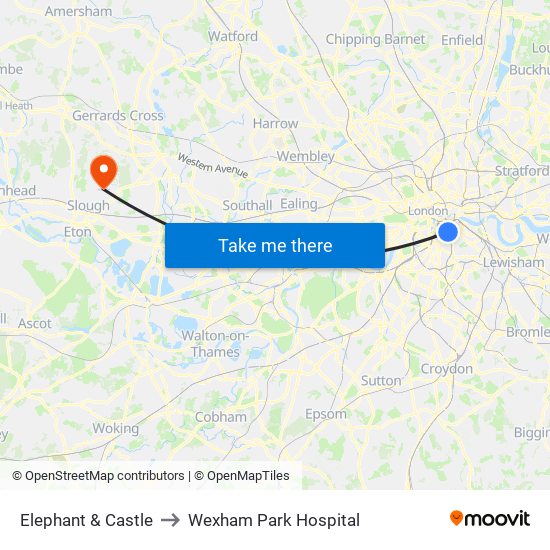 Elephant & Castle to Wexham Park Hospital map