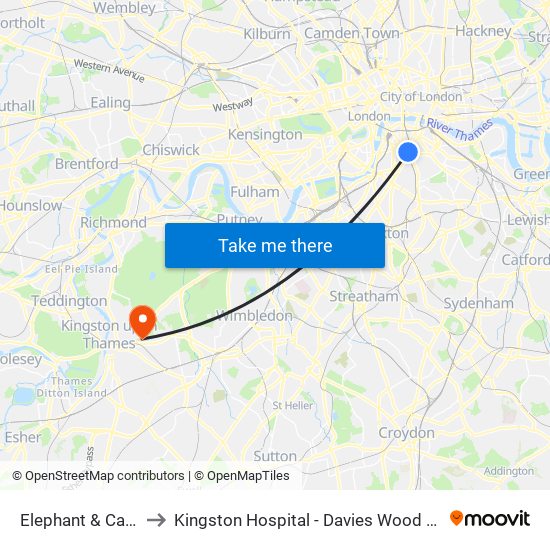 Elephant & Castle to Kingston Hospital - Davies Wood House map