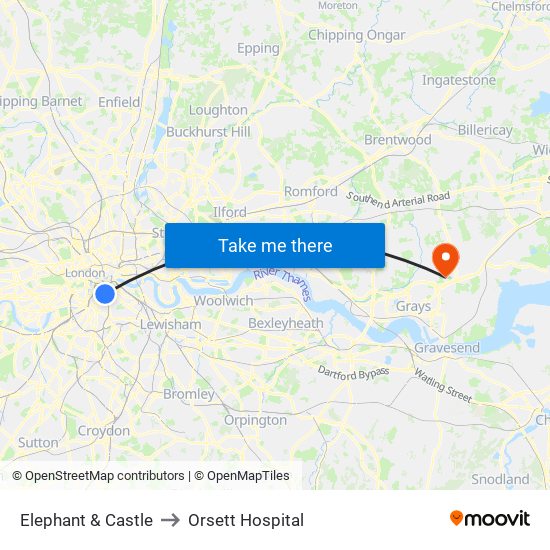 Elephant & Castle to Orsett Hospital map