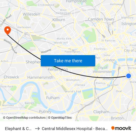 Elephant & Castle to Central Middlesex Hospital - Becad Centre map