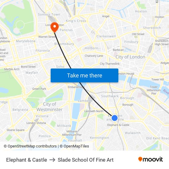 Elephant & Castle to Slade School Of Fine Art map
