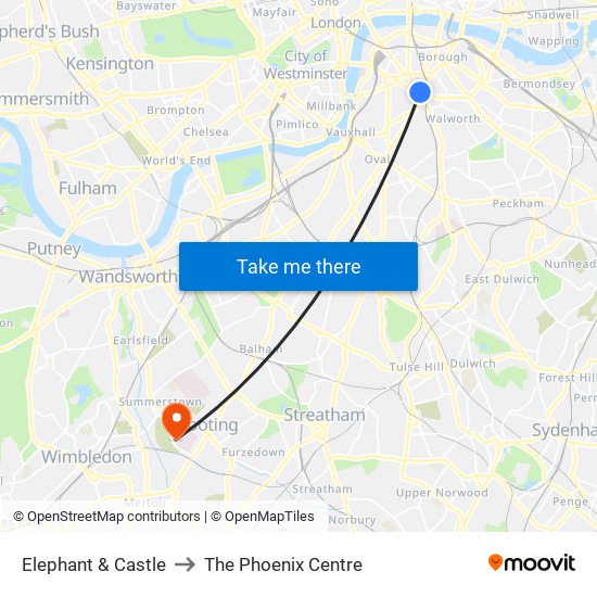 Elephant & Castle to The Phoenix Centre map