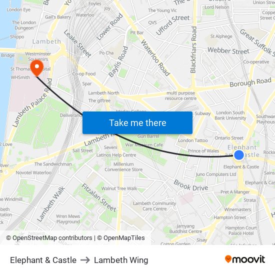 Elephant & Castle to Lambeth Wing map
