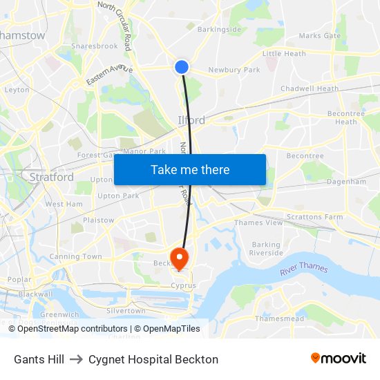 Gants Hill to Cygnet Hospital Beckton map