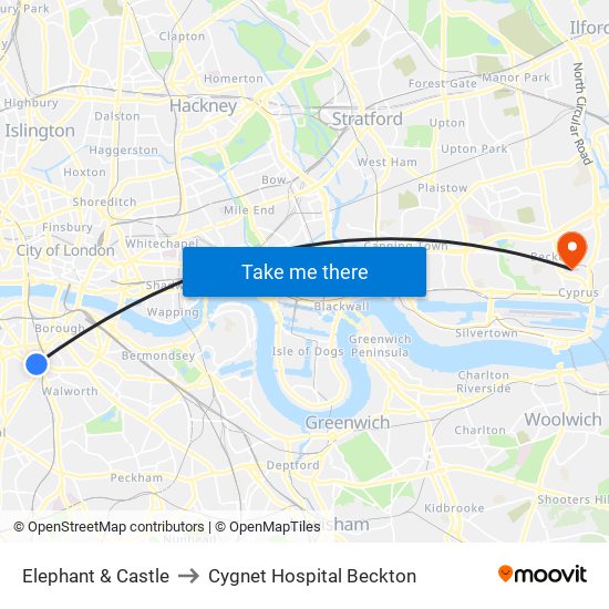 Elephant & Castle to Cygnet Hospital Beckton map