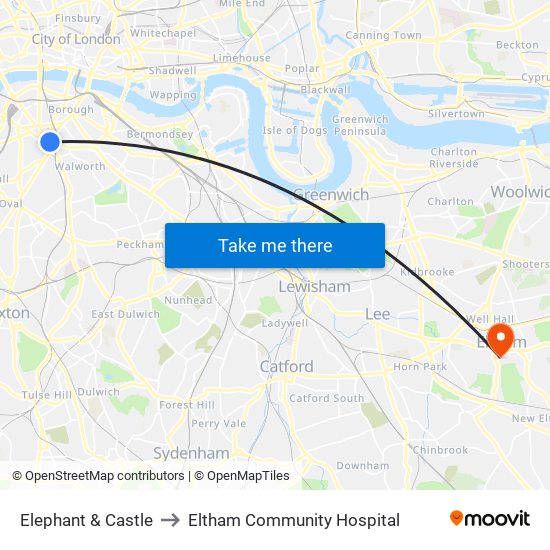 Elephant & Castle to Eltham Community Hospital map