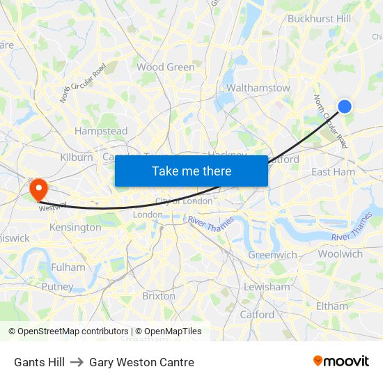Gants Hill to Gary Weston Cantre map