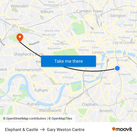 Elephant & Castle to Gary Weston Cantre map