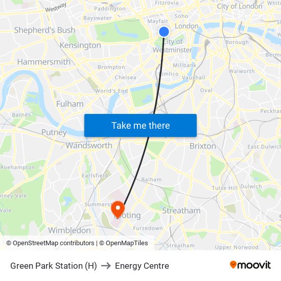 Green Park Station (H) to Energy Centre map