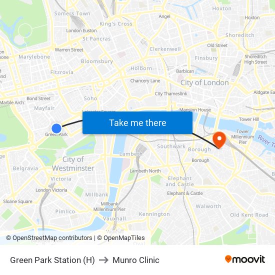 Green Park Station (H) to Munro Clinic map