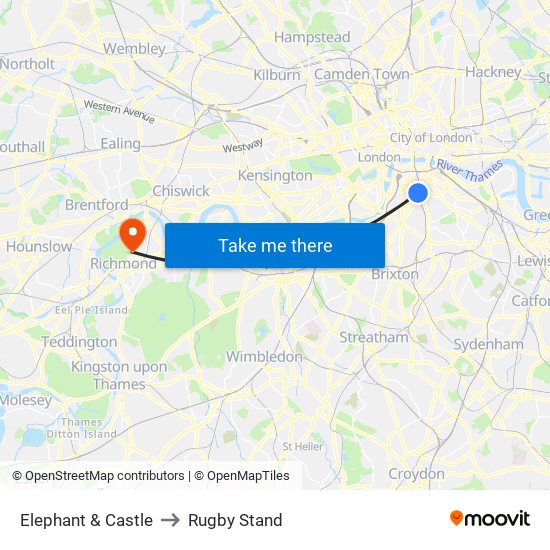 Elephant & Castle to Rugby Stand map