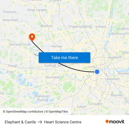 Elephant & Castle to Heart Science Centre map