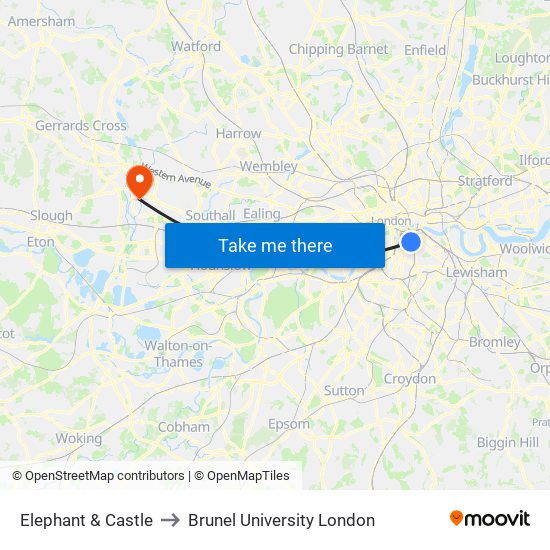 Elephant & Castle to Brunel University London map