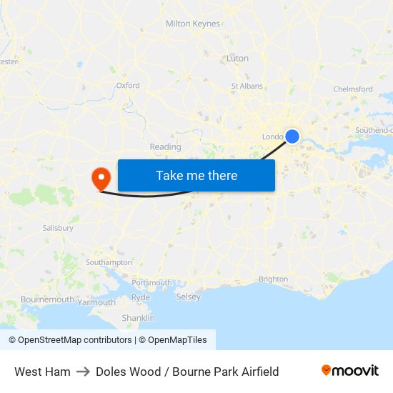 West Ham to Doles Wood / Bourne Park Airfield map