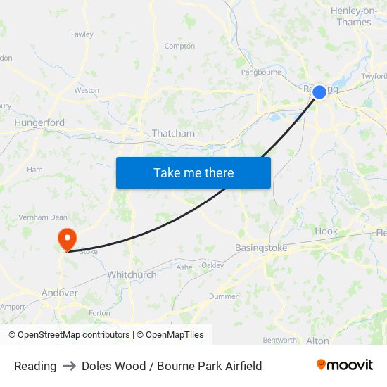 Reading to Doles Wood / Bourne Park Airfield map