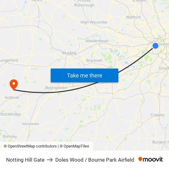 Notting Hill Gate to Doles Wood / Bourne Park Airfield map