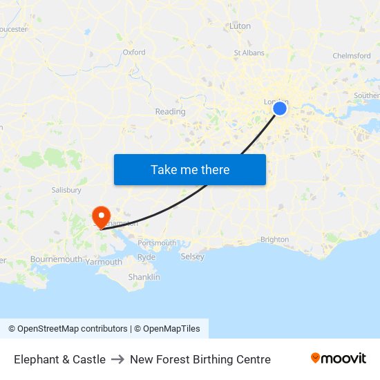 Elephant & Castle to New Forest Birthing Centre map