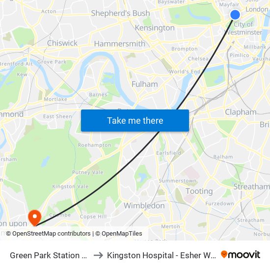 Green Park Station (H) to Kingston Hospital - Esher Wing map