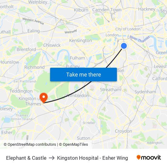 Elephant & Castle to Kingston Hospital - Esher Wing map