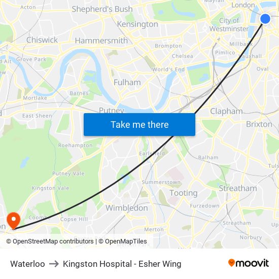 Waterloo to Kingston Hospital - Esher Wing map